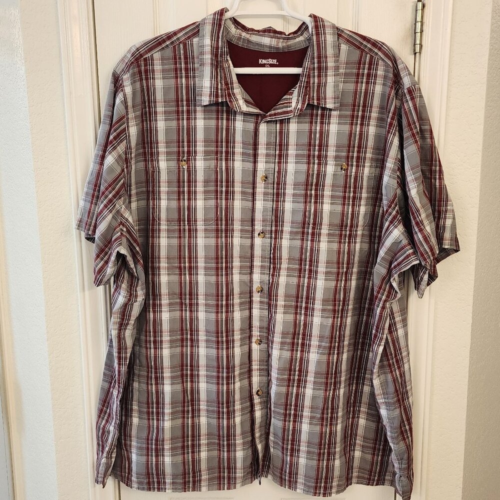 KS Short Sleeve Plaid Button-Down Shirt – Gray/Red – 5XL Tall – Cotton Blend